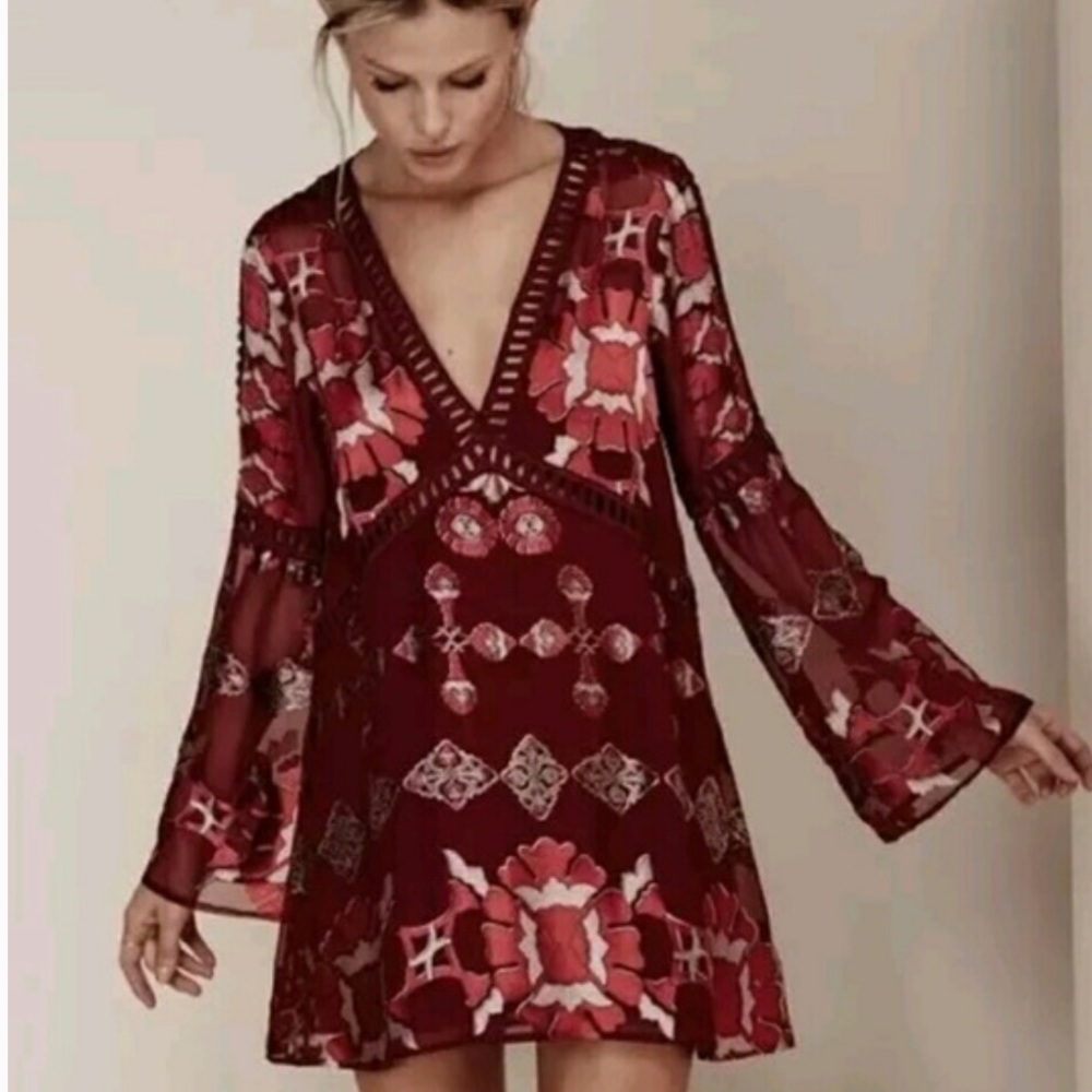 For Love & Lemons Burgundy Floral Long Sleeve Mini Dress
